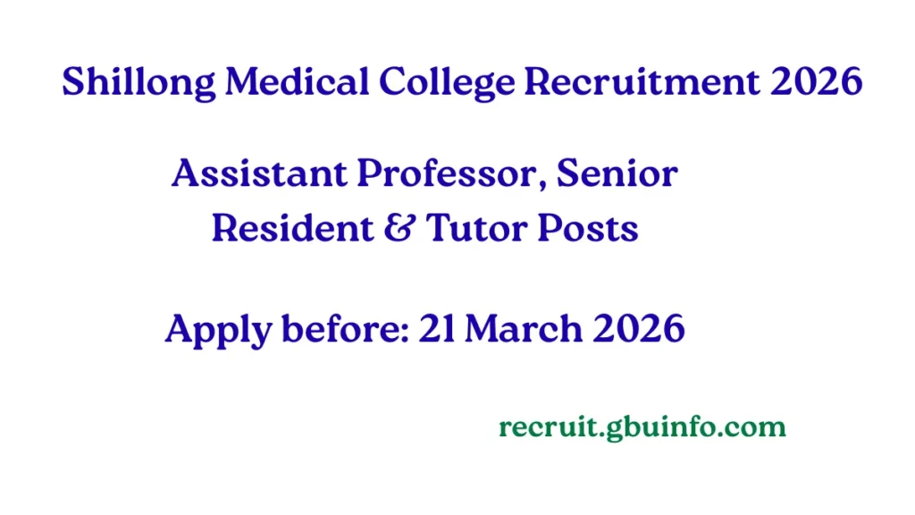 Shillong Medical College Recruitment 2026 Assistant Professor Senior Resident Tutor Vacancy