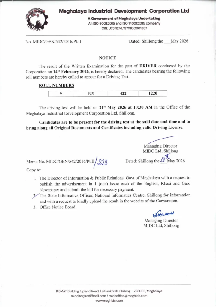 MIDC Driver Result 2026 Meghalaya Official Notice