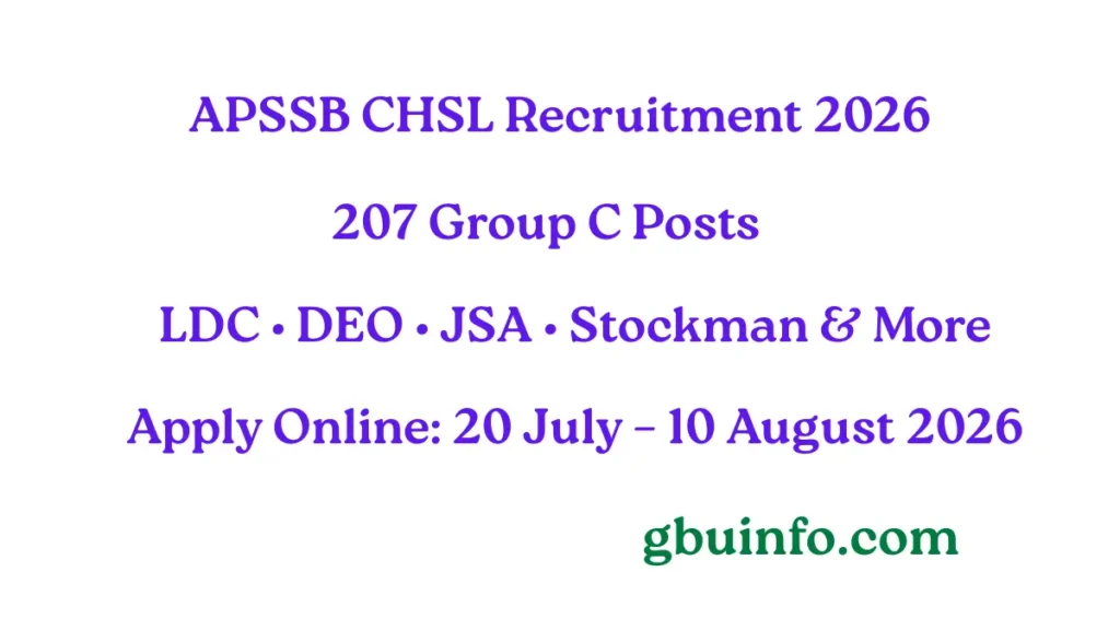 APSSB CHSL Recruitment 2026 notification for 207 Group C posts including LDC, DEO, Junior Secretariat Assistant, Stockman, and Field Assistant in Arunachal Pradesh.